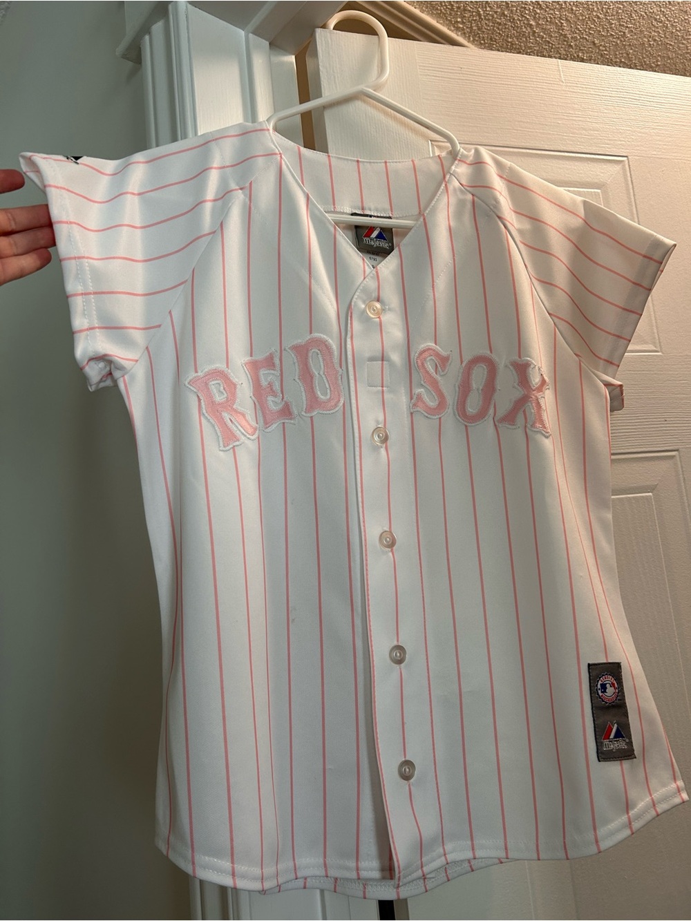 Majestic Boston Red Sox White & Pink Pinstripe Jersey Small